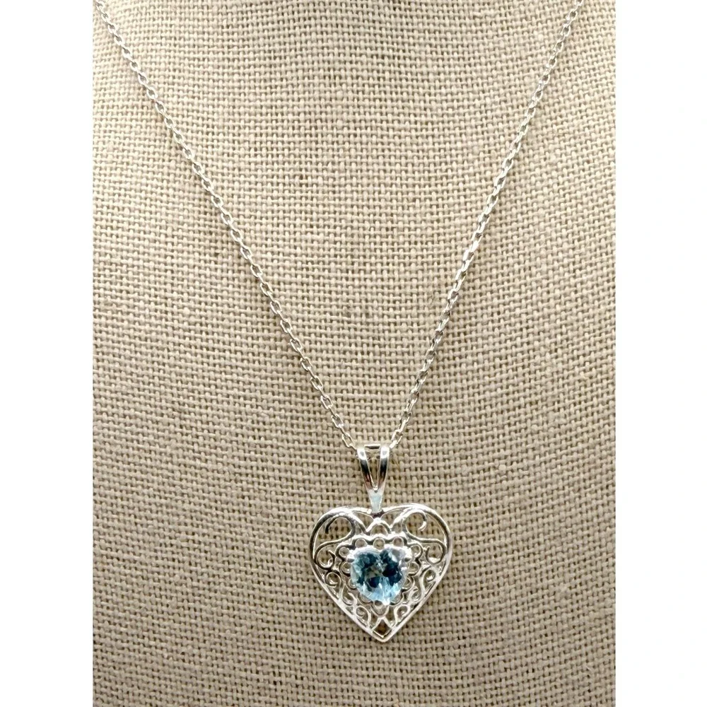 Italy 925 Sterling Silver Blue Topaz Heart Filigree Necklace December birthstone
